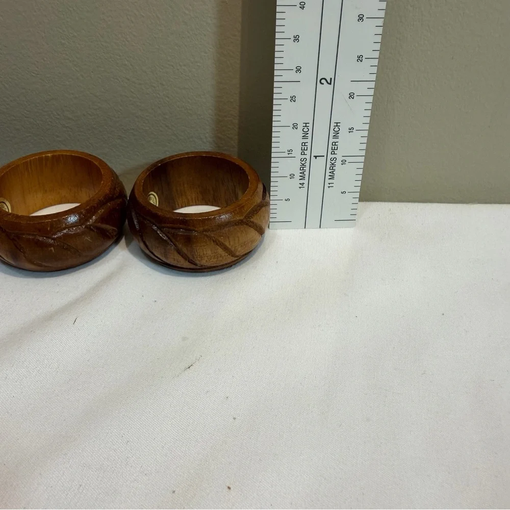 6 Teak Wood Round Napkin Rings MCM Hand‎ Carved in Philippines